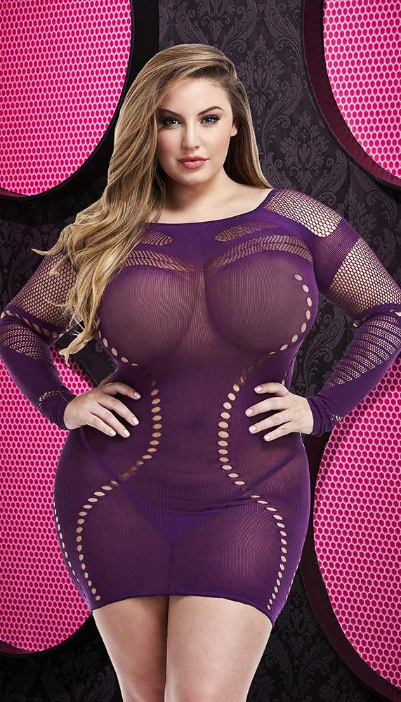 Long Sleeve Mini Dress with Fishnet Accents and Sheer Fabric