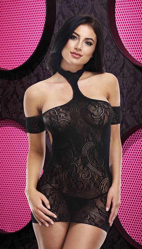 Choker Neck Lace Mini Dress with Cold Shoulder Sleeves