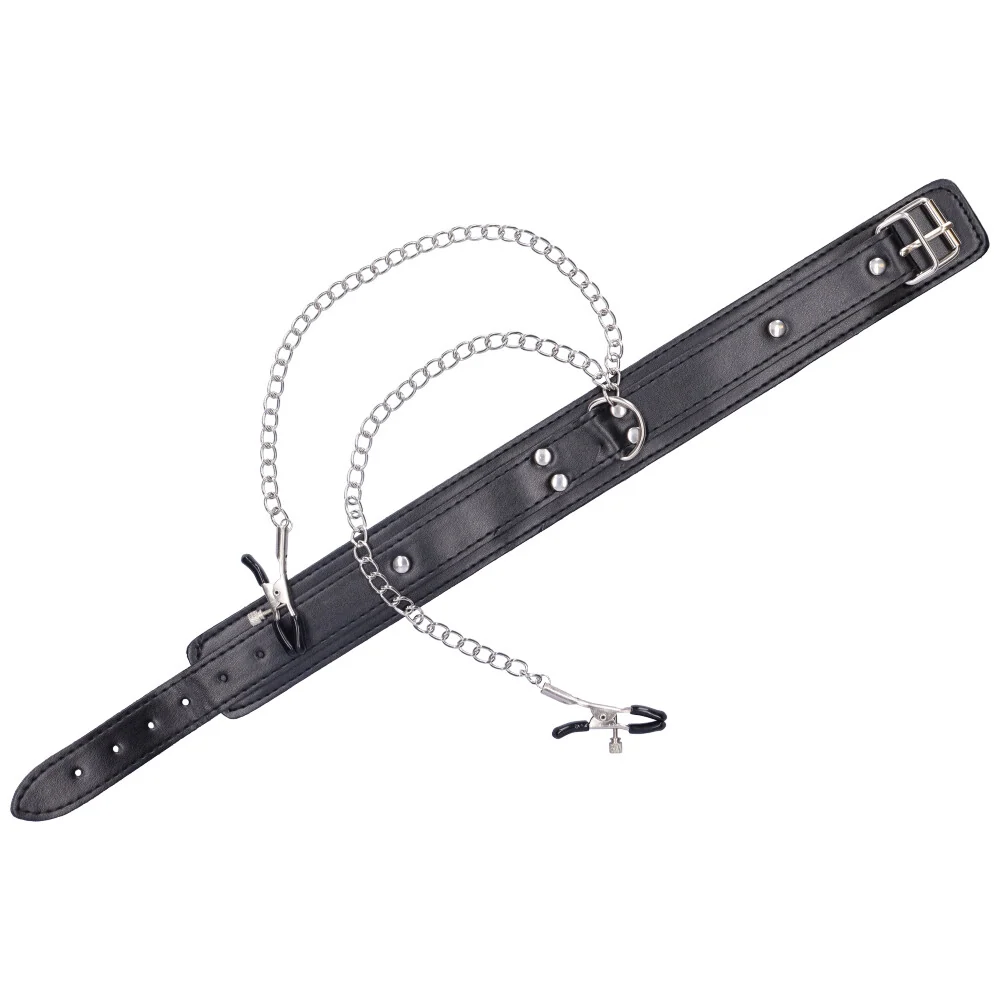 Black Bondage Collar with Adjustable Nipple Clamps and Chain