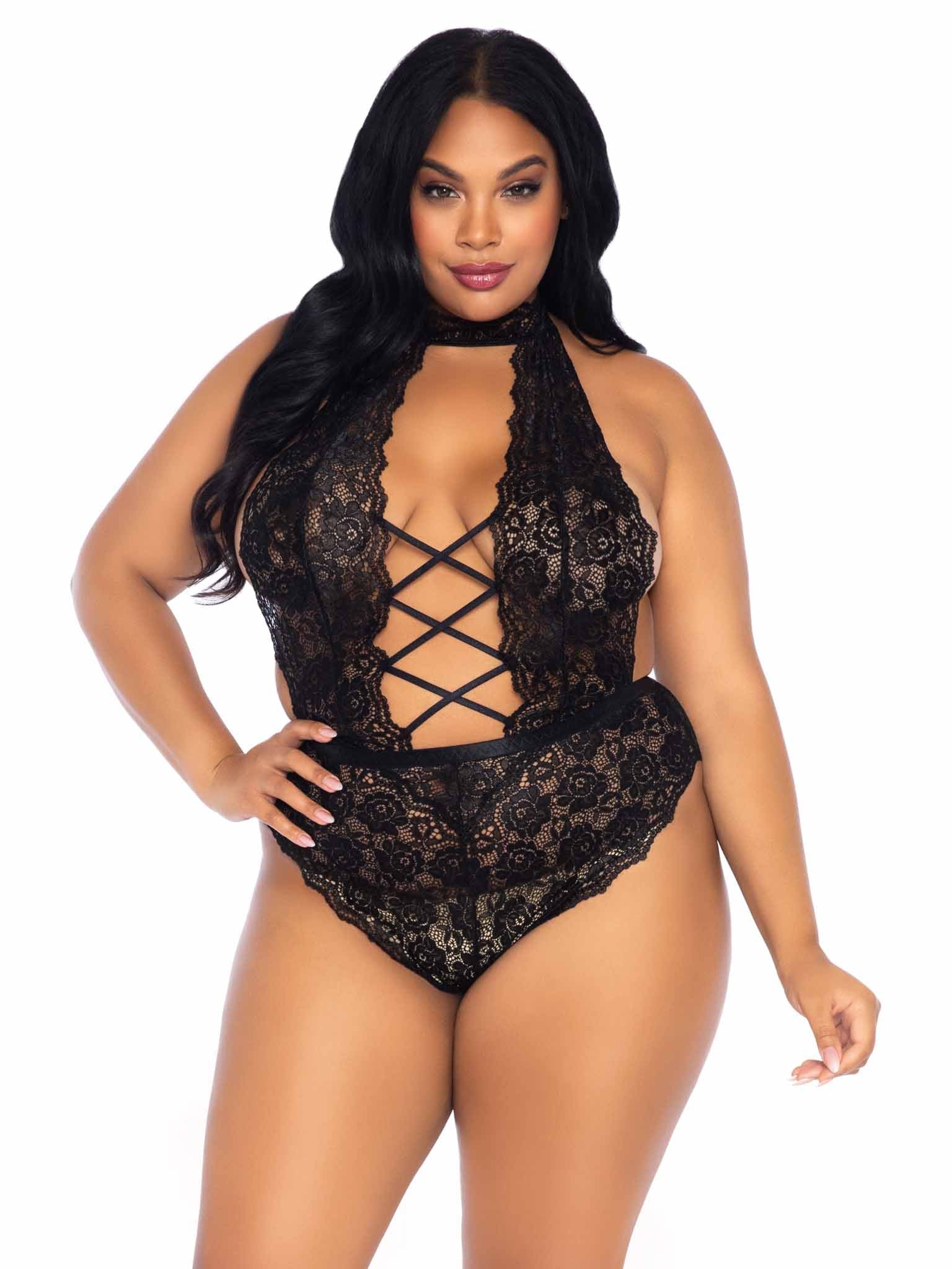 High Neck Floral Lace Crotchless Teddy with Open Back