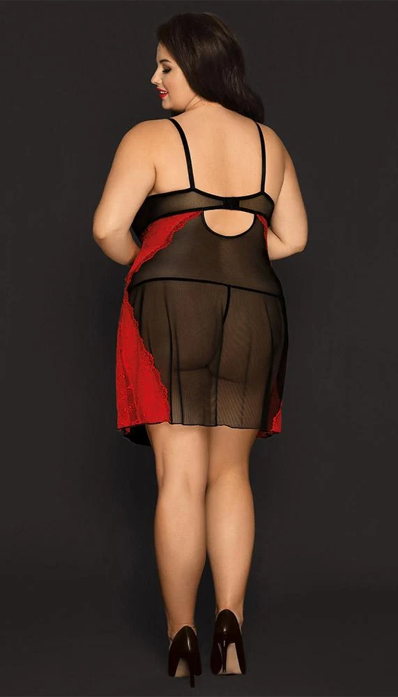 Romantic Plus Size Lingerie Dress in Red Lace and Black Mesh
