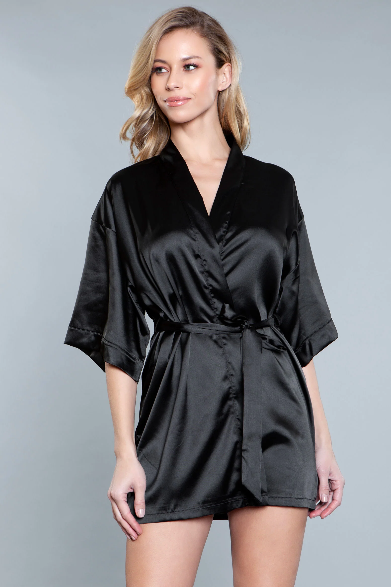 Getting Ready Satin Robe with 3/4 Sleeves and Sash Tie