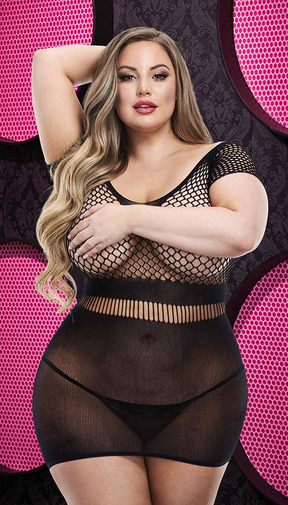 V-Neck Mini Dress with Fishnet Accents in Ultra-Sheer Fabric