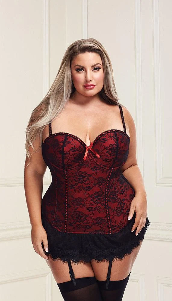 Underwire Bustier Set with Lace Overlay and Contoured Waist-Boning