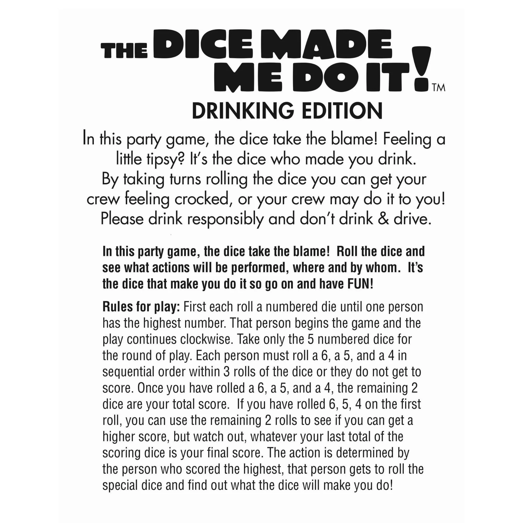 The Dice Made Me Do It Drinking Edition Party Dice Game