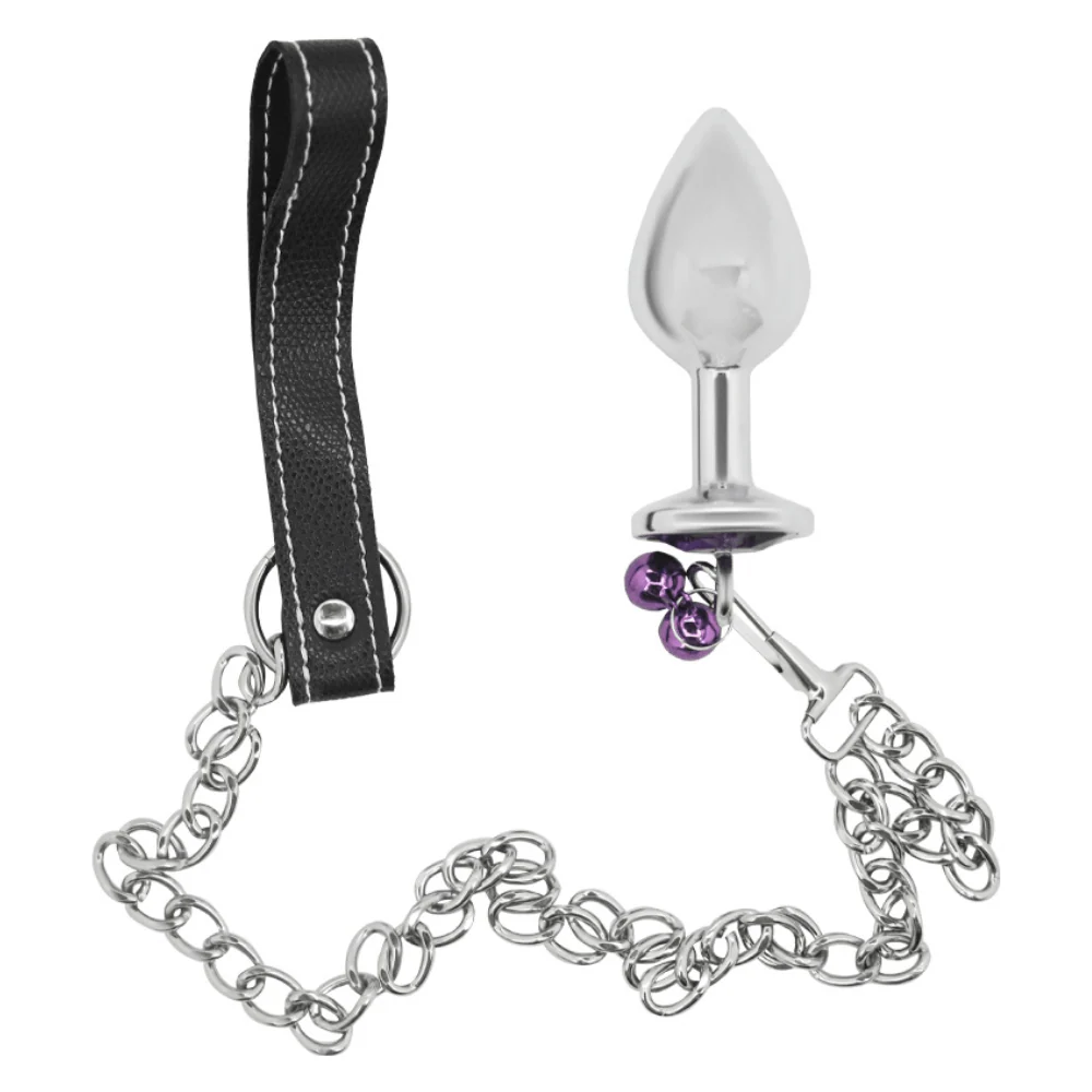 Bondage Leash Metal Butt Plug With Jewel for Anal Play