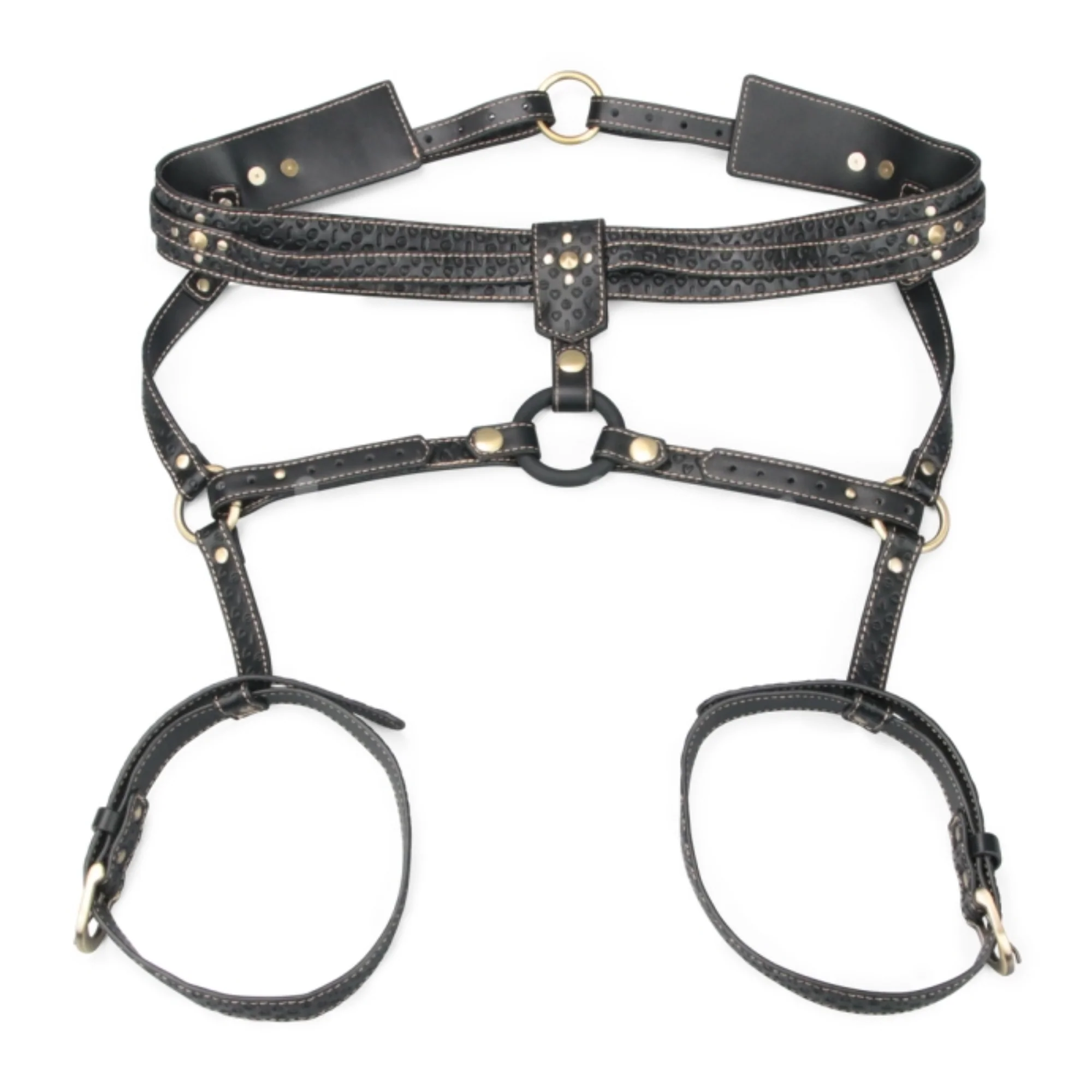 Rebellion Reign Faux Leather Full Body Harness with Leash Chest Tie