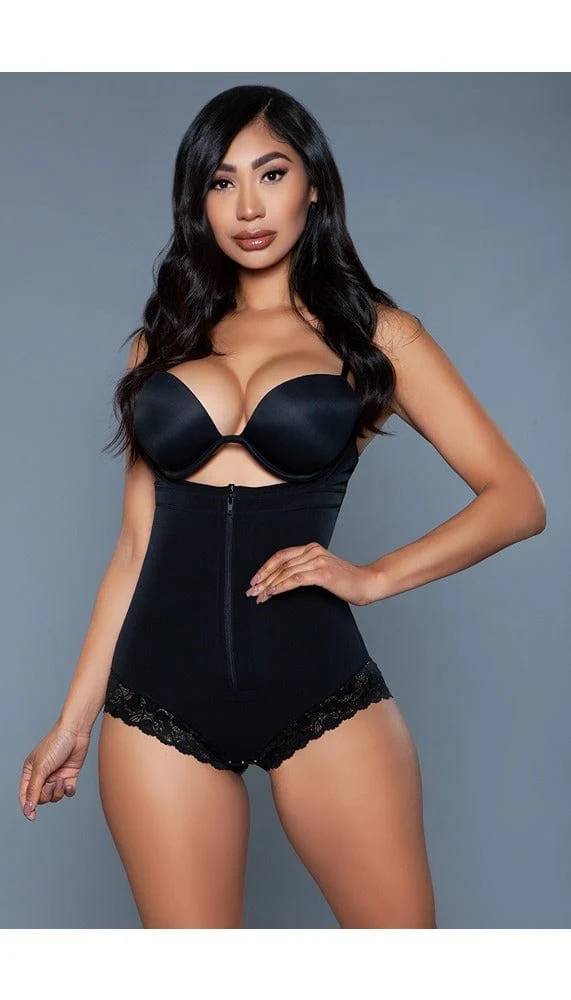 Open Bust Tummy Control Bodysuit with High Waist and Front Zipper