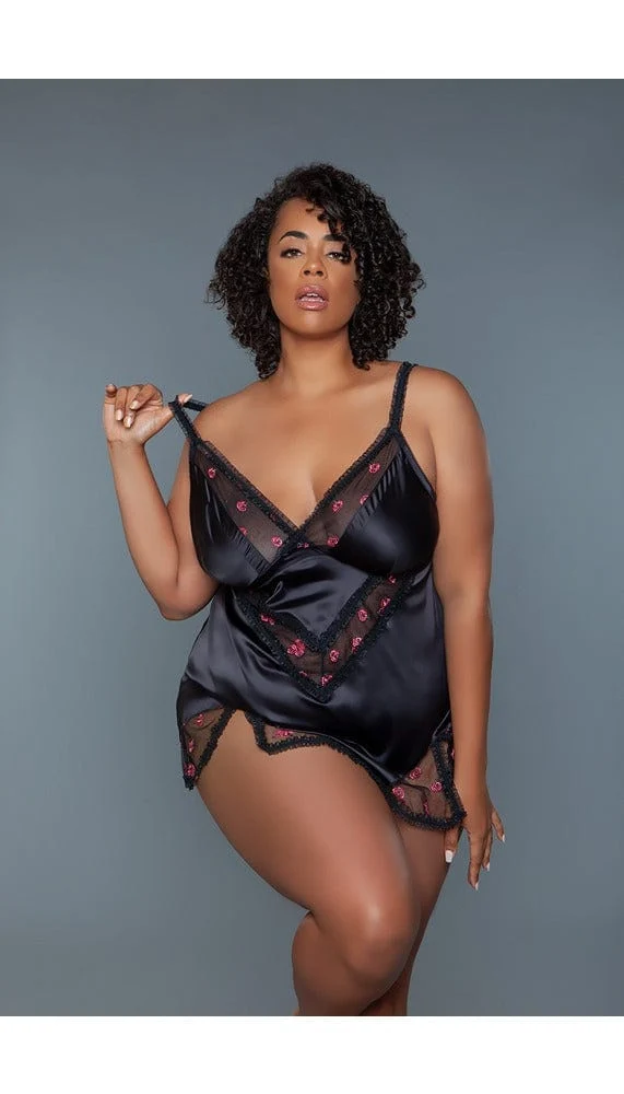 BeWicked Katherine Rose Embroidered Babydoll in Stretch Satin and Mesh
