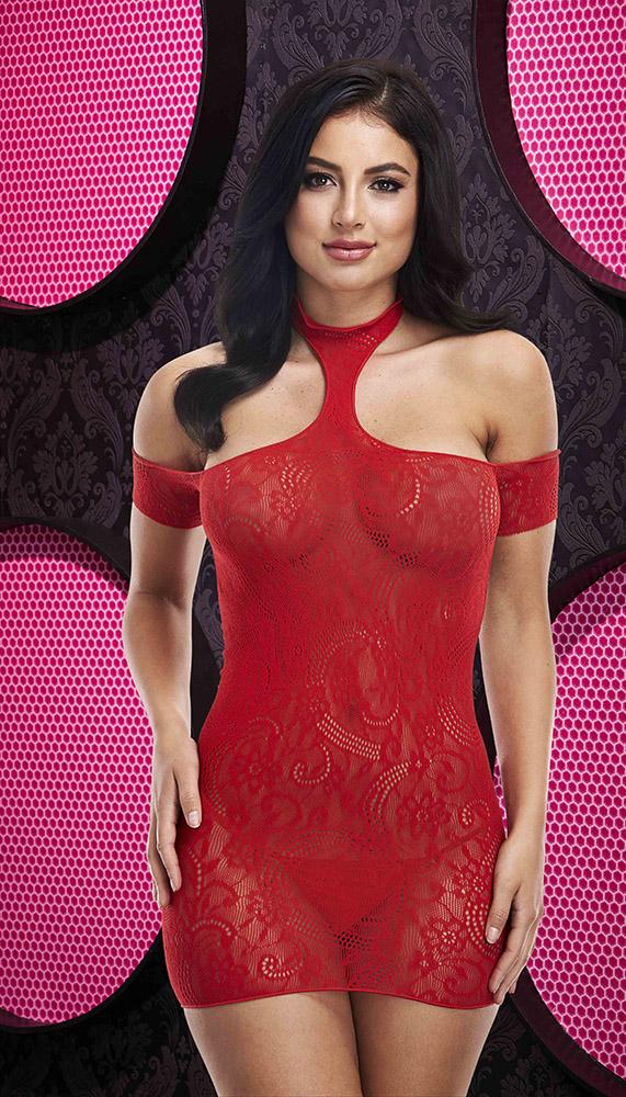 Choker Neck Lace Mini Dress with Cold Shoulder Sleeves