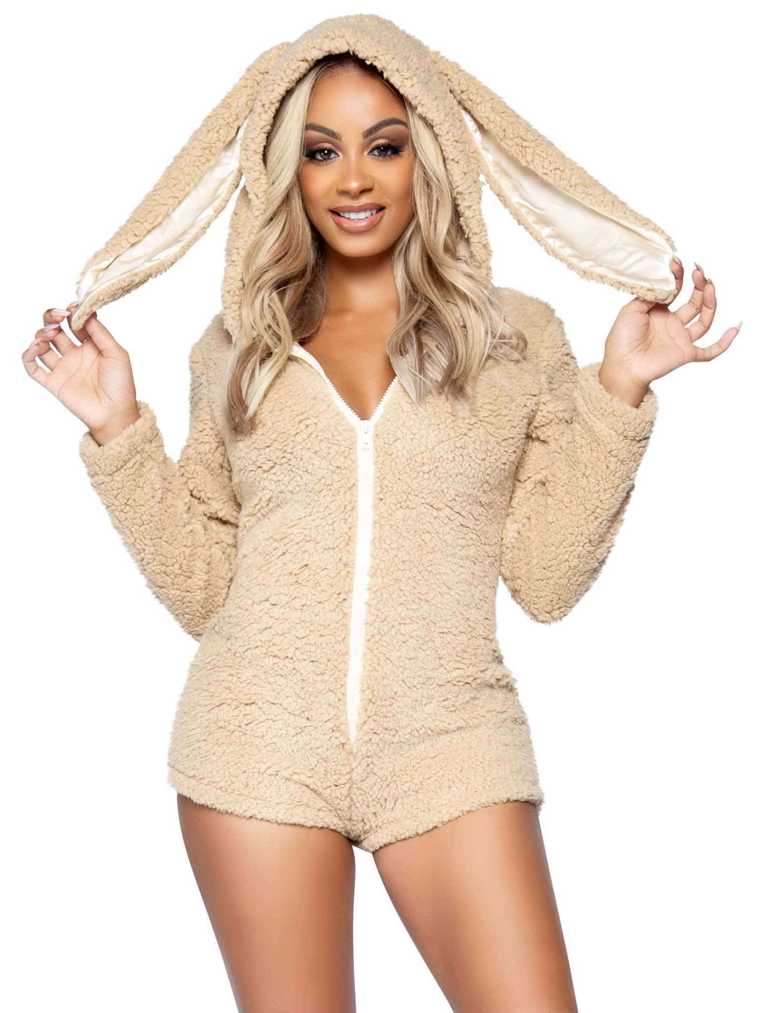 Leg Avenue Cuddle Bunny Zip Up Fleece Teddy Romper with Bunny Hood