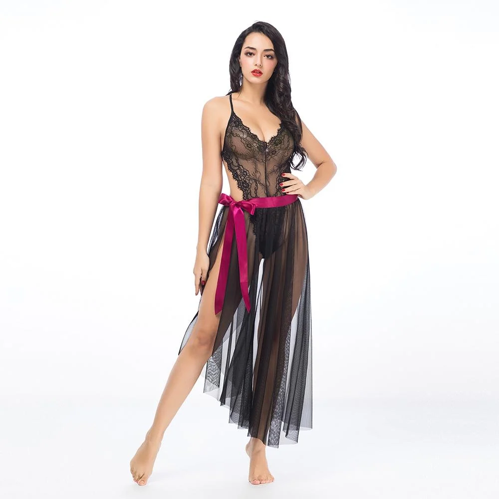 Sheer Black Lace Teddy with Strappy Open Back and Skirt