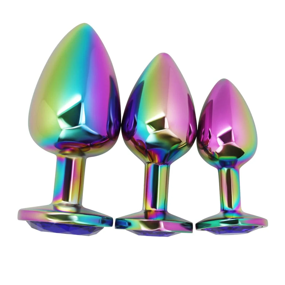 Rainbow Metal Anal Plug With Jewel Base in Three Sizes