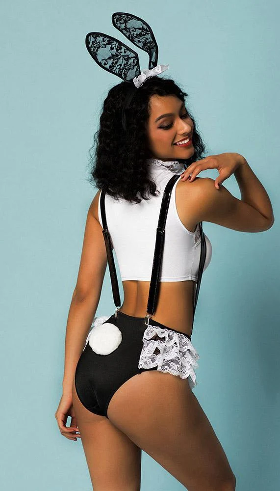 Flirty Sexy Bunny Costume Set with Straps, Shorts and Bow Pin
