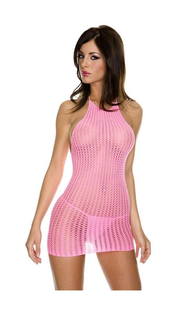 Pink Halter Crotchet Mini Dress and G-String Set