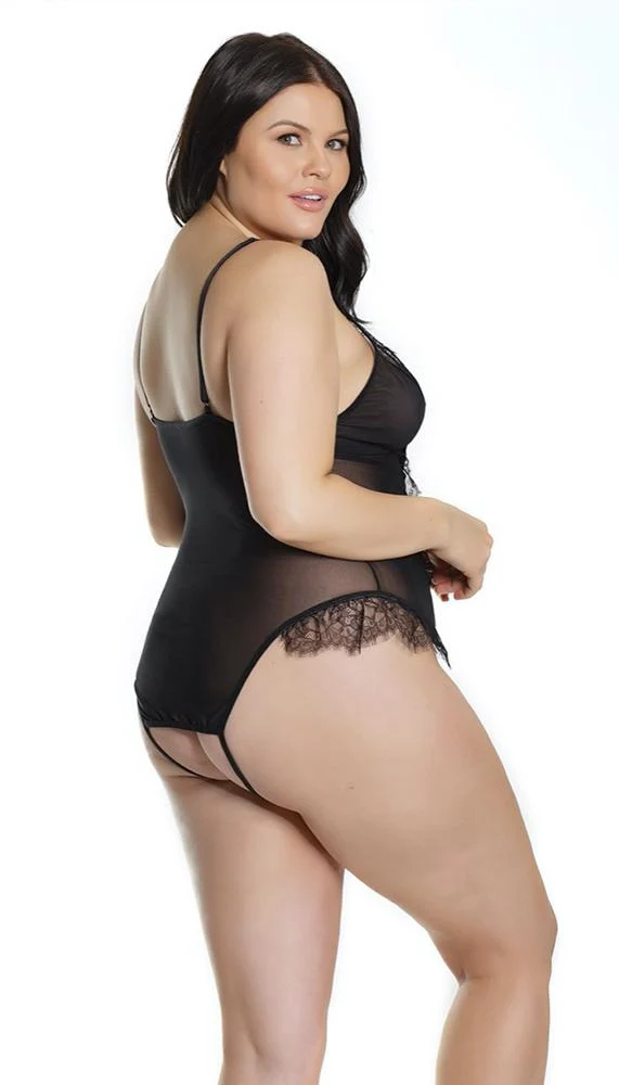 Coquette Black Lace and Mesh Crotchless Teddy