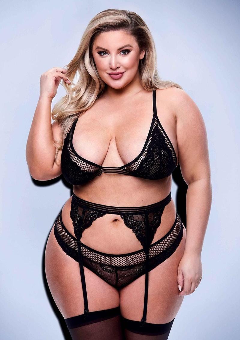 3 Piece Lace and Mesh Bra, Garter and Panty Set