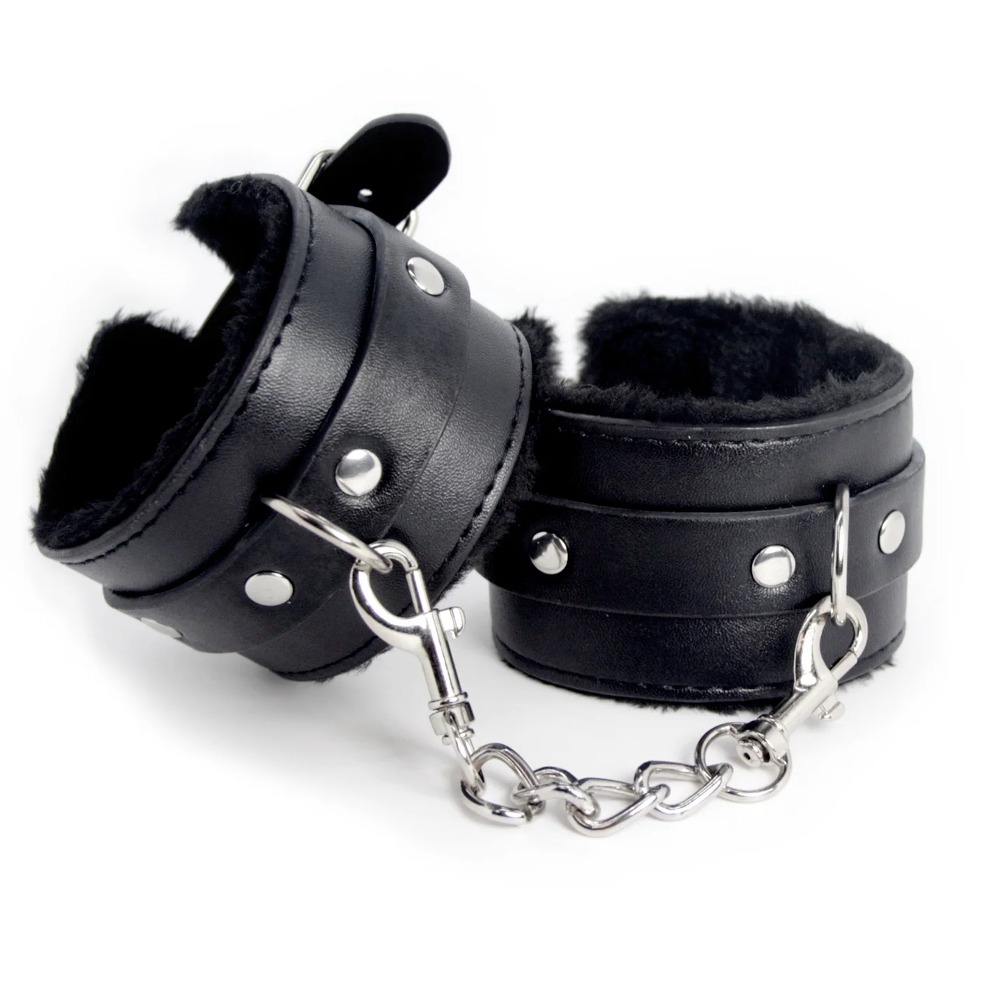 Adjustable Faux Leather Wrist Cuffs with Faux Fur Lining by Dark Amour