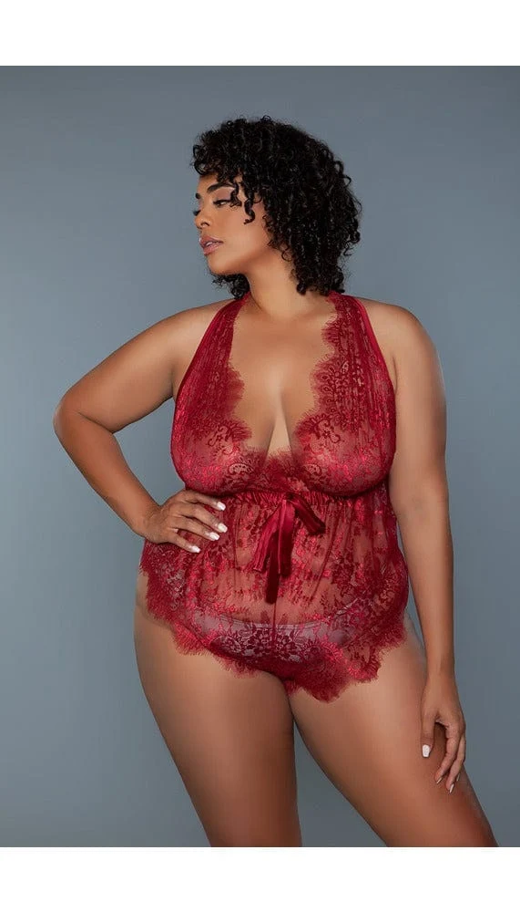 Nancy Plunging V-Neck Lace Teddy with Criss-Cross Back