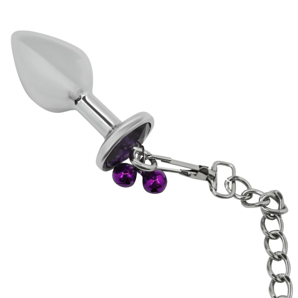 Bondage Leash Metal Butt Plug With Jewel for Anal Play