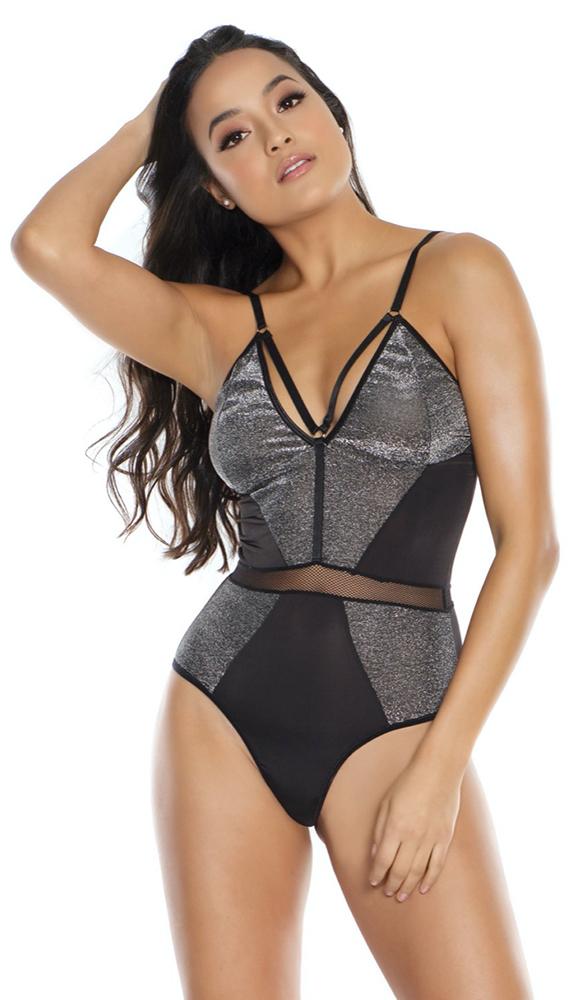 Coquette Strappy Shimmer Fishnet Thong Teddy in Black and Silver