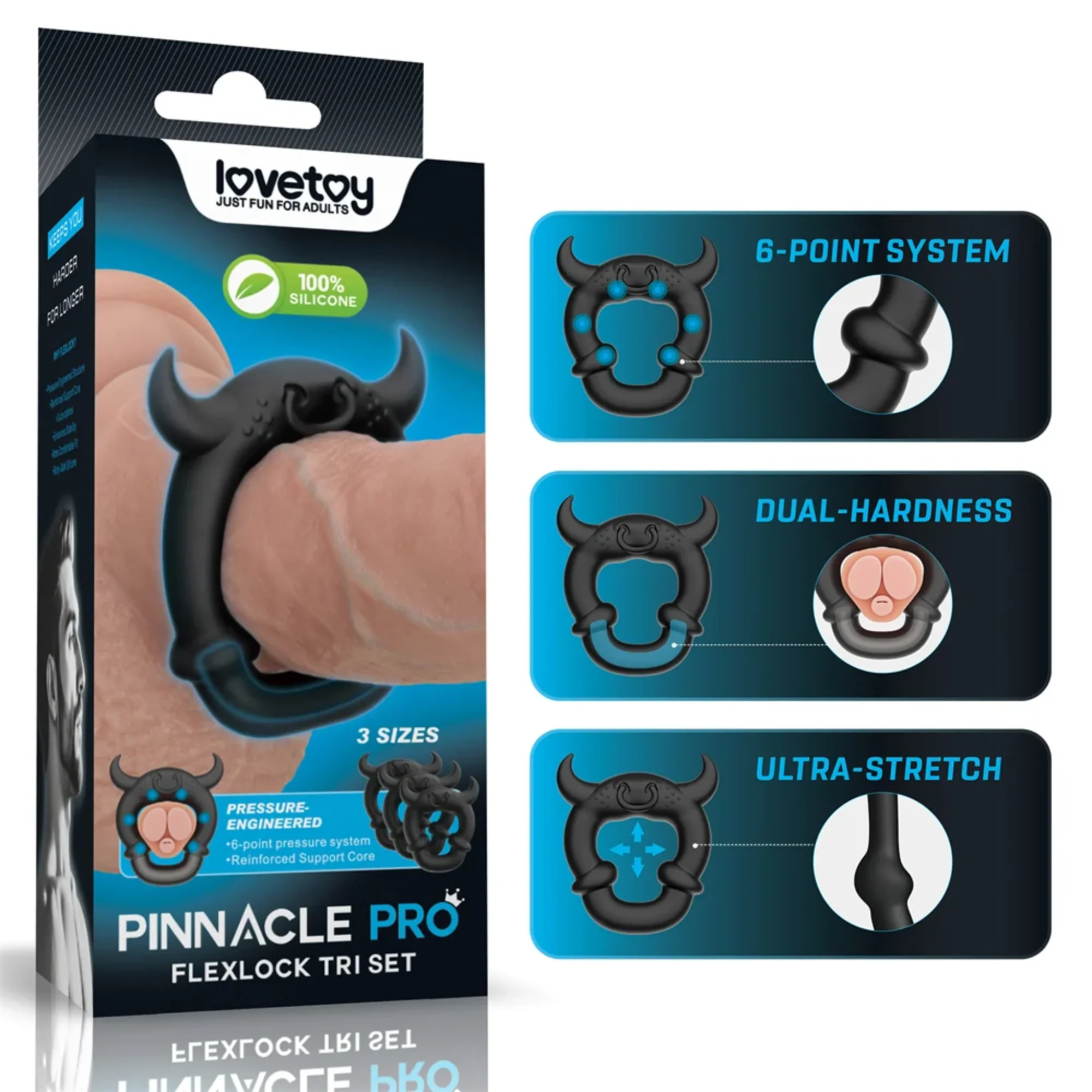Pinnacle Pro Flexlock Cock Ring Set in Three Sizes