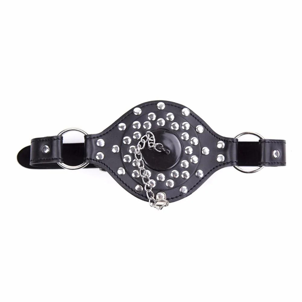 Leather Studded Open Mouth Feeding Gag With Adjustable Strap
