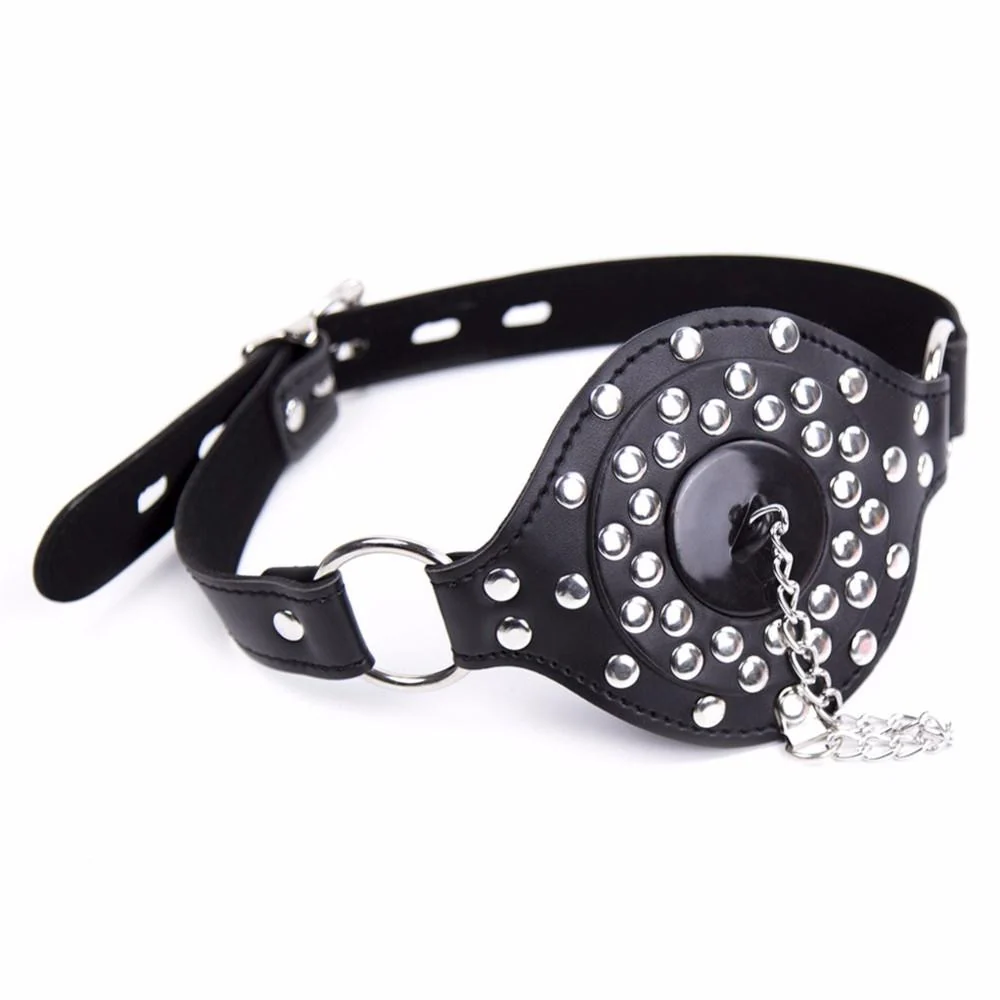 Leather Studded Open Mouth Feeding Gag With Adjustable Strap