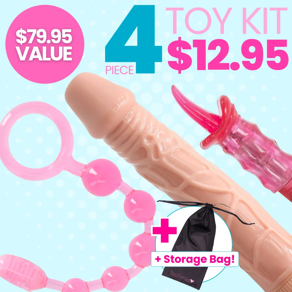 4 Piece Toy Kit - Dildo Vibe, Tongue Teaser, Vibrating Anal Beads and Sm. Toy Storage Bag!