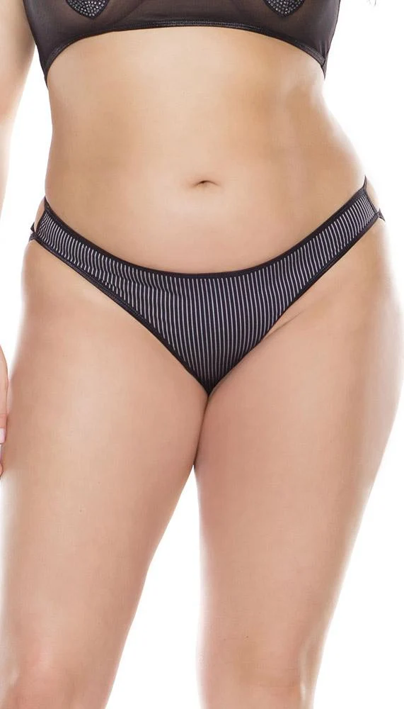 Seductive Strappy Crotchless Panty in Woven Pinstripe