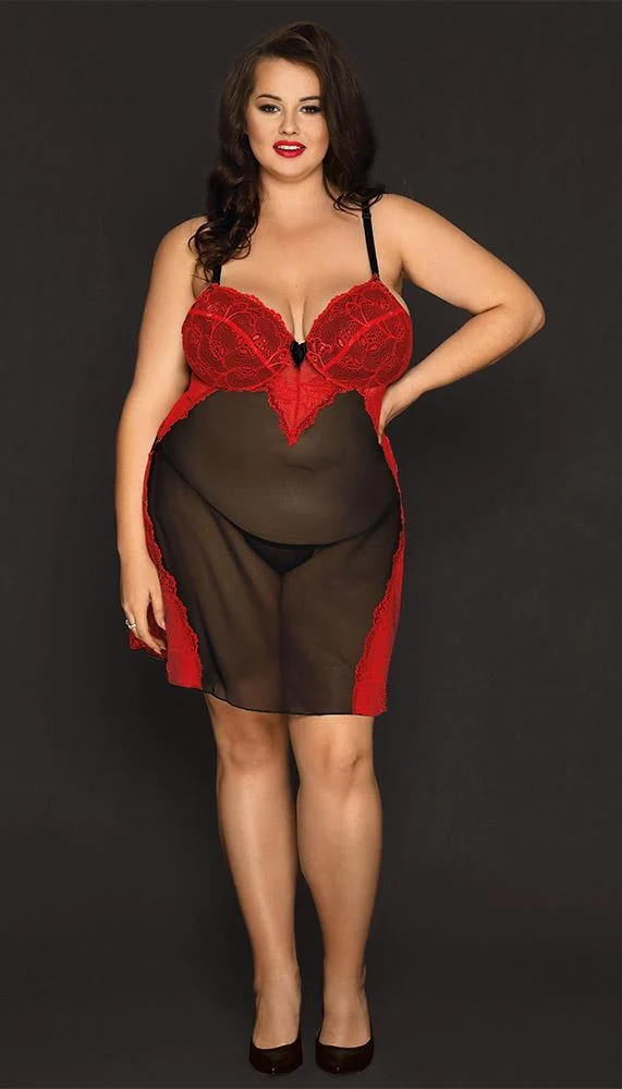 Romantic Plus Size Lingerie Dress in Red Lace and Black Mesh